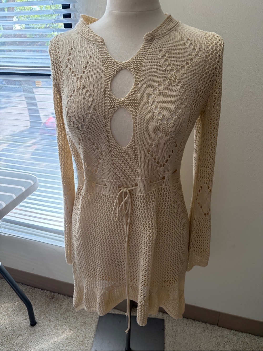 Boho Beige Crochet And Knit Asymmetrical Dress With Cutouts Tie Waist